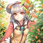  1girl blunt_bangs blush branch commentary_request day double_bun flower gold_osmanthus grey_hair grin hair_bun hair_ornament hand_up holding holding_branch long_hair looking_at_viewer mamo_(fortune-mm) nail_polish orange_eyes orange_flower orange_nails original osmanthus outdoors pinching signature smile solo upper_body 