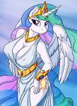  2018 5_fingers absurd_res anthro big_breasts blue_background breasts brushstroke cleavage clothed clothing crown cutie_mark dress equine eyebrows eyelashes feathered_wings feathers female friendship_is_magic hair hand_on_hip hi_res horn long_hair looking_at_viewer mammal multicolored_hair my_little_pony portrait princess_celestia_(mlp) purple_eyes rainbow_hair royalty signature simple_background smile solo standing three-quarter_portrait white_feathers winged_unicorn wings 