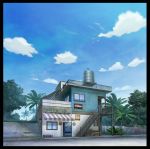  black_border blue_sky border cloud cloudy_sky commentary convenience_store crate day fence mitsu_ura no_humans original outdoors palm_tree scenery shop sky stairs tree tropical vending_machine water_tank window wooden_fence 