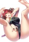  absurdres armpit_crease armpits bad_feet black_swimsuit blush breasts commentary covered_clitoris erect_clitoris feet hair_ornament highres homura_(xenoblade_2) kujuu_shikuro large_breasts legs_up looking_at_viewer lying on_back one-piece_swimsuit one_eye_closed open_mouth partially_visible_vulva red_eyes red_hair short_hair smile solo swimsuit swimsuit_lift xenoblade_(series) xenoblade_2 