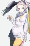  bird_wings blonde_hair blue_hair commentary cowboy_shot dnsdltkfkd dress forehead great_white_pelican_(kemono_friends) hair_intakes head_wings kemono_friends long_hair long_ponytail long_sleeves multicolored_hair ponytail red_eyes red_hair sleeves_past_wrists solo sweater sweater_dress thighhighs turtleneck white_hair wings yellow_legwear zettai_ryouiki 