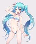  aqua_eyes aqua_hair arm_up bikini breasts cowboy_shot grey_background hair_between_eyes hatsune_miku long_hair manmaru_tamago medium_breasts navel one_eye_closed open_mouth solo striped striped_bikini swimsuit twintails very_long_hair vocaloid 