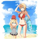  alternate_costume arms_up bare_shoulders bikini bismarck_(kantai_collection) blonde_hair blue_eyes breasts casual_one-piece_swimsuit child cleavage commentary_request highres kantai_collection long_hair low_twintails multiple_girls navel octopus one-piece_swimsuit pokasu prinz_eugen_(kantai_collection) red_bikini swimsuit twintails younger 