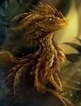 2018 digital_media_(artwork) dragon female feral gold_scales green_eyes horn membranous_wings solo telleryspyro wings 