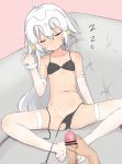  1boy 1girl bar_censor black_bra black_panties blush bra censored collarbone eyebrows_visible_through_hair eyes_closed fate/grand_order fate_(series) highres jeanne_d&#039;arc_(fate)_(all) jeanne_d&#039;arc_alter_santa_lily long_hair navel panties penis pink_background pointless_censoring pov solo_focus spread_legs underwear undressing veins veiny_penis white_hair yakihebi zzz 