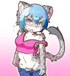  2016 acky05_(artist) anthro blue_eyes blue_hair blush breasts butt clothed clothing featureless_crotch felid female fur gradient_background grey_fur hair hand_on_hip inner_ear_fluff looking_at_viewer loose_clothing mammal navel pantherine pants short_hair simple_background snow_leopard solo standing suzune_(acky05) tongue tongue_out undressing white_fur 
