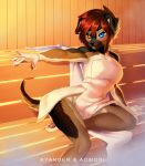  2018 5_fingers anthro aomori black_nose blue_eyes brown_fur canine digital_media_(artwork) dog eyelashes female fur hair heterochromia kyander mammal multicolored_fur pawpads red_eyes red_hair sauna signature smile solo towel 