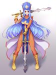 blue_hair bodysuit boots breasts commentary_request cross dragon_quest dragon_quest_iii dual_wielding full_body gloves highres holding holding_sword holding_weapon large_breasts long_hair looking_at_viewer mitre orange_bodysuit priest_(dq3) raochuu red_eyes smile solo sword tabard weapon 