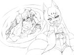  2girls animal_ears belly camel_(dansen) cecil_(mon-musu_quest!) female fox_ears fox_tail mon-musu_quest! monochrome multiple_girls multiple_tails off_shoulder panties tail tamamo_(mon-musu_quest!) tongue tongue_out underwear vore wet 