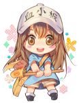  :d bag black_footwear blue_shirt boots brown_eyes brown_hair brown_shorts character_name chibi clothes_writing commentary_request flag flat_cap grey_hat hat hataraku_saibou headwear_writing holding holding_flag long_hair mintchoco_(orange_shabette) open_mouth outstretched_arm platelet_(hataraku_saibou) round_teeth shirt short_sleeves shorts shoulder_bag smile solo teeth upper_teeth very_long_hair 