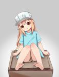  bare_legs barefoot blonde_hair blue_shirt blush commentary_request feet hat hataraku_saibou highres long_hair partial_commentary platelet_(hataraku_saibou) shirt shorts simple_background smile soles solo t-shirt the_hermit toes yellow_eyes 
