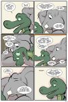  2018 alligator angie_(study_partners) anthro breasts butt comic crocodilian duo elephant english_text eyes_closed fangs female green_eyes looking_back male male/female mammal nude open_mouth ragdoll_(study_partners) reptile scalie speech_bubble study_partners teeth text thunderouserections trunk tusks young 