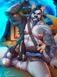  animal_genitalia animal_penis anthro armpit_hair arrow body_hair bow canine canine_penis clothing cum facial_hair game_(disambiguation) hair hanzo_(overwatch) knot male mammal marlon.cores nipples overwatch penis solo video_games weapon wolf 