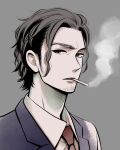  1boy black_hair brown_hair cigarette cop_craft:_dragnet_mirage_reloaded facial_hair grey_background grey_eyes looking_at_viewer machimura_nirusu male_focus matoba_kei mouth_hold necktie sideburns smoke smoking solo stubble upper_body 