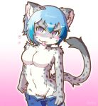  2016 acky05_(artist) anthro blue_eyes blue_hair blush breasts butt clothed clothing featureless_breasts featureless_crotch felid female fur gradient_background grey_fur hair hand_on_hip inner_ear_fluff looking_at_viewer mammal navel pantherine pants short_hair simple_background snow_leopard solo standing suzune_(acky05) tongue tongue_out topless undressing white_fur 
