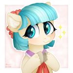  2018 :3 big_eyes blue_eyes blue_hair blush bust_portrait coco_pommel_(mlp) collaboration cute earth_pony equine eyelashes female feral flower flower_in_hair friendship_is_magic fur hair hi_res hooves horse inner_ear_fluff mammal my_little_pony pink_background plant pony portrait rizzych short_hair signature simple_background smile solo sparkles vird-gi 
