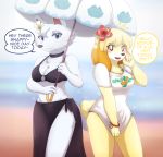  2017 4_fingers absurd_res animal_crossing anthro anthrofied beach bell bikini bikini_top biped blonde_hair blue_eyes blush bracelet breasts canine cheek_tuft chest_tuft choker cleavage clothed clothing covering covering_crotch covering_self crossover dialogue digital_drawing_(artwork) digital_media_(artwork) dog duo english_text eye_through_hair eyelashes eyeliner eyeshadow female floppy_ears flower flower_in_hair flying_sweatdrops fur grey_eyeshadow grey_fur grey_nose hair half-length_portrait head_tuft hi_res hibiscus holding_object holding_umbrella humanoid_hands isabelle_(animal_crossing) jewelry looking_at_viewer makeup mammal medium_breasts metaljaw75 midriff multicolored_fur nintendo open_mouth open_smile outside pink_eyeliner plant portrait purple_eyes purple_nose sand sea seaside shih_tzu shirt shirt_pull short_tail shy side_by_side skirt sky smile snout soft_focus space_jam sparkle speech_bubble standing sweat sweatdrop swimsuit t-shirt talking_to_viewer text translucent_hair tuft two_tone_fur umbrella video_games warner_brothers water white_fur white_tail whitney_(animal_crossing) wolf yellow_fur yellow_tail 