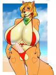 anthro balls beach big_breasts bikini blush breasts canine clothing dickgirl erection huge_breasts hyper hyper_breasts intersex looking_at_viewer makeup mammal nipple_bulge outside porin seaside smile solo standing swimsuit voluptuous wolfyhero 
