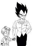  :d age_difference black_eyes black_hair black_pants clenched_hand commentary_request dragon_ball dragon_ball_super dragon_ball_z expressionless father_and_son fingernails frown greyscale hand_in_pocket happy height_difference highres holding_hands hood hood_down jacket lee_(dragon_garou) looking_at_another looking_away looking_up male_focus monochrome multiple_boys open_mouth pants serious shirt short_hair simple_background smile spiked_hair standing trunks_(dragon_ball) upper_body vegeta white_background wristband 