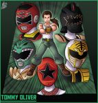  belt boots brown_eyes brown_footwear brown_hair commentary_request green_background green_pants green_ranger helmet ian_dimas_de_almeida long_hair mighty_morphin_power_rangers muscle open_mouth pants ponytail pose power_rangers power_rangers:_dino_thunder tank_top title tommy_oliver white_ranger white_tank_top 