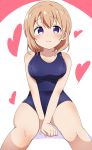  1girl absurdres breasts commentary eyebrows_visible_through_hair gochuumon_wa_usagi_desu_ka? heart highres hoto_cocoa large_breasts liyocafe looking_at_viewer orange_hair purple_eyes school_swimsuit sitting solo swimsuit white_background 