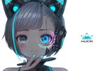  android animal_ears asymmetrical_bangs bangs bare_shoulders black_gloves blush cat_ears closed_mouth commentary_request company_name fake_animal_ears gloves grey_eyes grey_hair headset holding holding_stylus huion light_smile logo looking_at_viewer multicolored_hair nail_art original partly_fingerless_gloves portrait robot_ears ryota_(ry_o_ta) shade shiny shiny_hair short_hair signature simple_background solo streaked_hair stylus white_background 