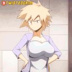  animated animated_gif areolae artist_name bakugou_mitsuki blonde_hair blouse boku_no_hero_academia bouncing_breasts breast_hold breast_squeeze breasts brown_eyes dark_areolae eyebrows_visible_through_hair eyes_visible_through_hair grin hands_on_hips huge_breasts jacket looking_at_viewer lowres mature nipples no_bra open_clothes open_jacket patreon_logo pulled_by_self purple_jacket raised_eyebrow shirt_pull short_hair smile solo spiked_hair tsurime twistedgrim unaligned_breasts undressing white_blouse 