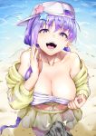  1boy 1girl ao_(time-leap) areolae bare_shoulders bb_(fate)_(all) bb_(swimsuit_mooncancer)_(fate) beach braid breasts cleavage collarbone commentary_request day erection erection_under_clothes eyebrows_visible_through_hair fate/grand_order fate_(series) from_above hat highres large_breasts long_hair looking_at_viewer naughty_face open_mouth pov purple_eyes purple_hair sand single_braid solo_focus star swimsuit teeth water white_hat 