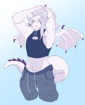  2018 arms_above_head clothed clothing digital_media_(artwork) dragon fully_clothed hair hair_tie kidcub long_hair male midriff scalie simple_background solo tasla_venhyle white_hair wings 