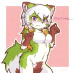  2016 acky05_(artist) anthro blush breasts brown_fur butt canid canine featureless_breasts female fluffy fluffy_tail fur green_fur hair inner_ear_fluff japanese_text mammal multicolored_fur multicolored_tail nude paw_pose purple_eyes solo standing sweat text white_fur white_hair 