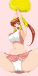  arms_up bangs bare_arms bare_legs bare_shoulders breasts brown_eyes brown_hair cameltoe cheerleader commentary_request cowboy_shot curvy eyebrows eyebrows_visible_through_hair groin hair_ribbon highres holding large_breasts long_hair looking_down mana_(muten_no_kaito) meea midriff muten_no_kaito navel one_eye_closed open_mouth panties pantyshot pink_background pink_skirt pom_poms ponytail ribbon sideboob skirt solo spread_legs thighs underwear white_panties yellow_ribbon 