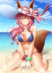  animal_ear_fluff animal_ears beach bikini blue_bikini blush bracelet breasts cleavage cloud cloudy_sky commentary_request day ears_through_headwear fate/grand_order fate_(series) fox_ears fox_tail hat hat_ribbon highres in_water jewelry large_breasts looking_at_viewer navel ocean outdoors pink_hair ribbon side-tie_bikini sin-go sitting sky smile solo sun_hat swimsuit tail tamamo_(fate)_(all) tamamo_no_mae_(swimsuit_lancer)_(fate) wariza wet white_hat yellow_eyes 