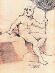  2018 anthro canine fur hi_res looking_at_viewer male mammal monochrome muscular muscular_male nude pose rock sepia simple_background sitting solo traditional_media_(artwork) tree weers 