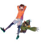  absurdres airborne arm_up arms_behind_head bird black_footwear black_legwear brown_hair claws creature digimon digimon_survive falcomon feathers full_body green_eyes green_footwear grey_shorts grin highres hyuuga_minoru jacket leggings looking_at_viewer no_socks official_art open_mouth orange_jacket print_footwear red_footwear sharp_teeth shiny shiny_hair shoes shorts smile sneakers spiked_hair teeth tongue transparent_background triple_horizontal_stripe ukumo_uichi zipper_pull_tab 