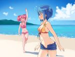  ^_^ arm_at_side arm_up arms_at_sides bare_arms bare_legs bare_shoulders barefoot beach bikini bikini_top blue_eyes blue_hair blue_sky blurry blurry_background blush breasts cleavage closed_eyes closed_mouth cloud collarbone commentary day denim denim_shorts english_commentary flying_sweatdrops gloamy groin hair_ribbon highres kaname_madoka legs looking_at_another magia_record:_mahou_shoujo_madoka_magica_gaiden mahou_shoujo_madoka_magica medium_breasts miki_sayaka multiple_girls navel no_panties ocean open_clothes open_fly open_mouth open_shorts outdoors pink_hair pussy_peek ribbon running short_hair shorts side_ponytail sidelocks sky smile standing stomach strap_gap swimsuit thighs two_side_up unbuttoned water waving |d 