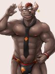  abs bovine bulge clothing gyumao h155296 hair horn male mammal muscular muscular_male necktie nipples one_eye_closed pecs pubes red_hair solo speedo swimsuit tokyo_afterschool_summoners wink 