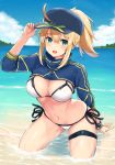  ahoge artoria_pendragon_(all) baseball_cap beach bikini blonde_hair blue_eyes blue_hat blue_sky blurry blush breasts cleavage collarbone commentary_request day depth_of_field eyebrows_visible_through_hair fate/grand_order fate_(series) hair_between_eyes hair_through_headwear halterneck hat leaning_forward long_hair looking_at_viewer medium_breasts mitsukazu_(nijigen_complex) mysterious_heroine_xx_(foreigner) navel ocean open_mouth outdoors ponytail sand shrug_(clothing) side-tie_bikini sidelocks sitting sky solo stomach swimsuit thigh_strap thighs water wet wet_clothes white_bikini 