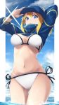  adjusting_clothes adjusting_hat artoria_pendragon_(all) ass_visible_through_thighs baseball_cap beach bikini blonde_hair blue_eyes blue_sky border breasts cloud commentary_request cropped_jacket day fate/grand_order fate_(series) from_below hat highres lens_flare looking_at_viewer medium_breasts mku mysterious_heroine_xx_(foreigner) navel shrug_(clothing) side-tie_bikini sky solo stomach swimsuit thigh_gap wading water white_bikini white_border wristband 