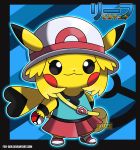  2018 5_fingers absurd_res anthro black_eyes black_nose blonde_hair clothed clothing cosplay cosplay_pikachu cute digital_media_(artwork) dipstick_ears dress eyelashes female fer-gon footwear fully_clothed hair hand_behind_back hat hi_res holding_object holding_pok&eacute;ball japanese_text leaf_(pok&eacute;mon) messenger_bag nintendo pikachu pok&eacute;ball pok&eacute;mon pok&eacute;mon_(species) red_cheeks shoes smile solo text url video_games watermark 