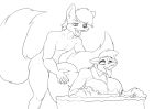  anthro bent_over big_breasts breasts cake canine duo female food greyscale male male/female mammal monochrome nipples nude open_mouth sex simonaquarius smile tongue tongue_out 
