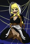  &lt;3 &lt;3_eyes animal_humanoid arachnid arthropod blonde_hair breasts cleavage cliffside clothed clothing cordie_(cliffside) dress eyelashes female hair hat humanoid icebot monster_girl_(genre) open_mouth pussy solo spider_humanoid spider_web teeth tongue 