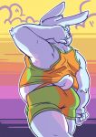  2016 belly bulge butt clothing fur furgonomics hand_behind_head lagomorph male mammal mangolynx outside overweight overweight_male rabbit rear_view shirt shorts solo standing tail_clothing tank_top tight_clothing white_fur 