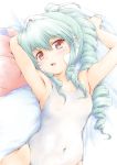  :d armpits arms_up bangs bare_arms bare_shoulders bed_sheet blue_hair breasts collarbone covered_navel drill_hair eyebrows_visible_through_hair galaxy_angel highres light_blue_hair looking_at_viewer lying normad on_back one-piece_swimsuit open_mouth pink_eyes ponytail shimamoto_(natsuki) small_breasts smile solo swimsuit vanilla_h white_swimsuit 