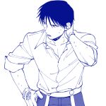  amestris_military_uniform black_eyes black_hair dokkoi_shoo fullmetal_alchemist gloves hand_on_hip looking_away male_focus military military_uniform monochrome open_clothes open_mouth open_shirt roy_mustang shirt short_hair simple_background sleeves_rolled_up standing sweat sweatdrop uniform upper_body white_background white_gloves 