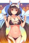  animal_ear_fluff animal_ears benitsuki_tsubasa bikini black_bikini black_hair blush breasts brown_eyes brown_hair collarbone cowboy_shot eyebrows_visible_through_hair fate/grand_order fate_(series) fox_ears fox_tail glasses gradient_hair hairband highres jewelry lady_foxy large_breasts long_hair looking_at_viewer low_twintails magatama magatama_necklace multicolored_hair navel necklace night night_sky osakabe-hime_(fate/grand_order) outdoors side-tie_bikini sky smile solo standing swimsuit tail twintails very_long_hair 
