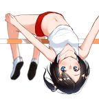  bangs black_hair blue_eyes blurry blurry_background blush buruma collarbone commentary_request depth_of_field eyebrows_visible_through_hair high_jump highres jumping looking_at_viewer midriff navel one_side_up original parted_lips red_buruma shoes short_hair simple_background solo suzunari_shizuku tank_top upside-down white_background white_footwear white_tank_top yuki_arare 
