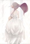  bare_shoulders character_name commentary_request dress facing_away fate/grand_order fate_(series) frankenstein's_monster_(fate) from_behind highres horn marumoru pink_hair short_hair short_sleeves solo standing strapless strapless_dress veil white_dress 