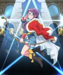  adjusting_eyewear black_footwear blue-framed_eyewear blue_skirt boots bow_(weapon) cape coat full_body glasses green_eyes hand_up highres hoshimi_junna indoors long_hair looking_at_viewer lourie mannequin midair purple_hair red_coat salute shoujo_kageki_revue_starlight skirt smile solo stage_lights uniform weapon white_cape window 