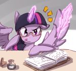  2016 absurd_res akainu7 book desk equine eyelashes eyewear feathered_wings feathers female feral floppy_ears friendship_is_magic glasses glowing_horn hair hi_res hooves horn inkwell levitation loose_feather magic mammal multicolored_hair my_little_pony portrait purple_eyes purple_feathers quill smile solo spread_wings tongue tongue_out twilight_sparkle_(mlp) winged_unicorn wings 