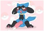  2018 3_toes animal_genitalia animal_penis anthro backsash balls big_penis blush canine canine_penis digital_media_(artwork) erection fur hindpaw knot male mammal nintendo open_mouth pawpads paws penis pok&eacute;mon pok&eacute;mon_(species) red_eyes riolu simple_background sitting solo teeth toes video_games 